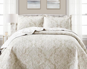 3 Piece Quilted Bedspread Printed Bed Throw Single Double King Super King Sizes