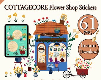 Flower Shop Digital Stickers for Journal and Planner - 61 PNGs and PDF A4 US Letter - Hygge Inspired for Goodnotes and Scrapbooking