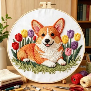 Hand Stitched Corgi & Colorful Tulips Embroidery Hoop, Spring Floral Dog Thread Art, Rustic Cottagecore Pet Wall Hanging Decor