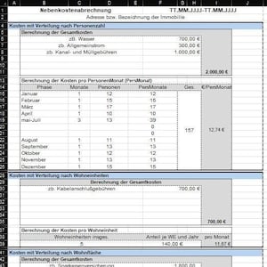 Benutzerfreundliches Excel Tool zum Erstellen und ausdrucken oder verschicken von Nebenkostenabrechnungen auf Din A4.