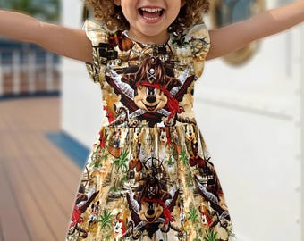 Mickey Mouse Pirates Ruffle Dress, Disney Cruise Trip Flutter Sleeve Dress, Disney Pirates Dress, Disney Summer Vacation Skirt Gear Outfits