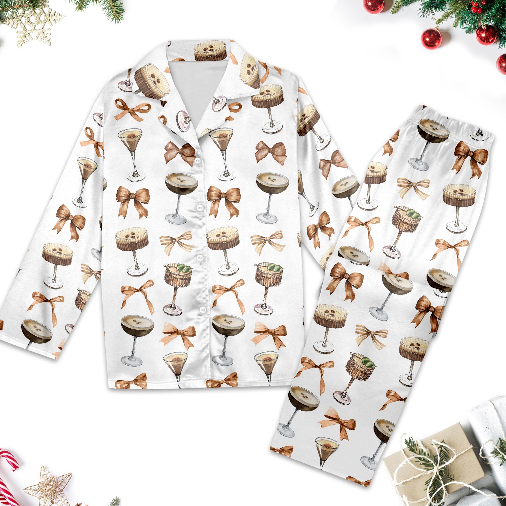 Discover Espresso Martini Christmas Pajamas Set, Espresso Martinii Coquette Bow Pajama Set, Xmas Holiday Party Gift