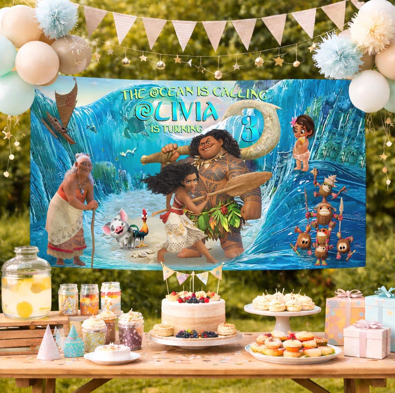 May include: A rectangular party backdrop featuring Moana characters, including Moana, Maui, and Grandma Tala, set against a blue ocean wave background. The text reads THE OCEAN IS CALLING, LIVIA IS TURNING, and the number 3. The banner is decorated with balloons.