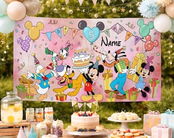 Custom Mickey Mouse Birthday Banner Backdrop, Mickey & Friends Birthday Banner, Minnie Mouse Party Decor,  Birthday Party Backdrop for Kids