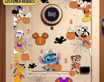 May include: A collection of Halloween-themed Disney character decorations, including Mickey Mouse, Donald Duck, Pluto, Stitch, and Chip. Each character holds a pumpkin-shaped basket. The decorations are orange, purple, and white, with spiderwebs and the text "CUSTOM ANY CUSTOMER REQUEST".