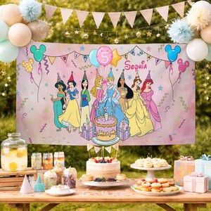 May include: A rectangular birthday banner featuring illustrations of seven princesses, a birthday cake, and the name Sophia with the number 5. The background is light pink with colorful confetti, balloons, and a string of triangular pennant flags.