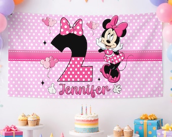 Personalized DN Minnie Mouse Birthday Backdrop, DN Minnie Birthday Party Banner, Minnie Mouse Decor Wall, DN Backdrop for Kids