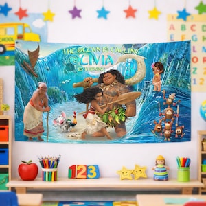 May include: A rectangular fabric banner featuring a Moana-themed birthday design with a large ocean wave background. The text reads THE OCEAN IS CALLING OLIVIA IS TURNING 3. Characters include Moana, Maui, Gramma Tala, Pua, Heihei, and Kakamora.