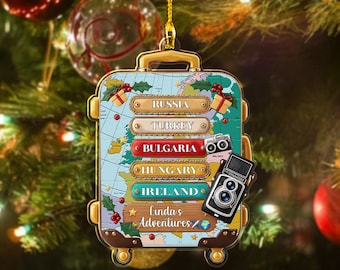 Adorno personalizado para maleta de viaje, decoración navideña personalizada para el árbol de Navidad con forma de maleta, regalo navideño para amantes de los viajes y la aventura.