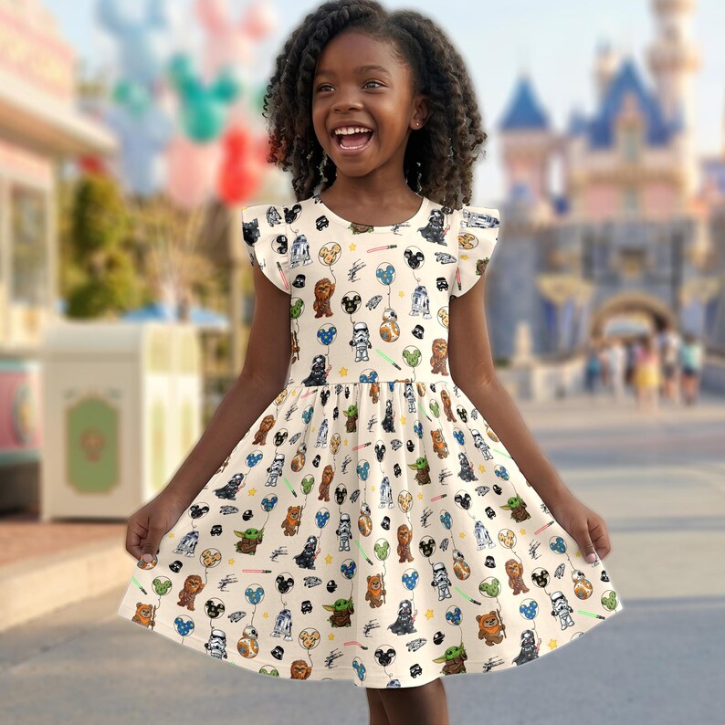 Star Wars Balloon Ruffle Dress, Baby Yoda Darth Vader R2D2 Dress, Star Wars Disney Flutter Sleeve Dress, Star Wars Skirt Gear Outfits afbeelding 2