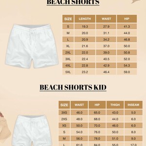 以下が含まれることがあります： 白いビーチショーツとサイズチャート。大人と子供のサイズについて、長さ、ウエスト、ヒップ、太もも、股下の測定値をセンチメートルで示しています。