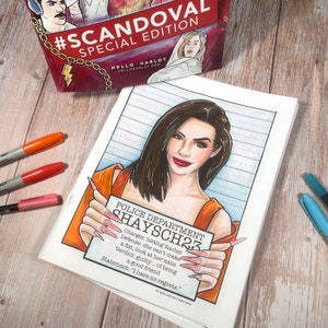 May include: A black and white illustration of a woman with long dark hair, wearing a red top and holding a white sign with the text "Police Department Shaysch23" and a list of charges, defense, verdict, and statement.