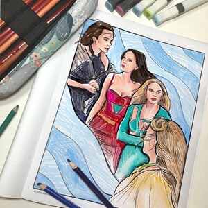 May include: A partially colored adult coloring book page featuring four women in dresses. A pencil case with colored pencils and several markers are in the background. Two blue pencils and one green pencil are in the foreground.