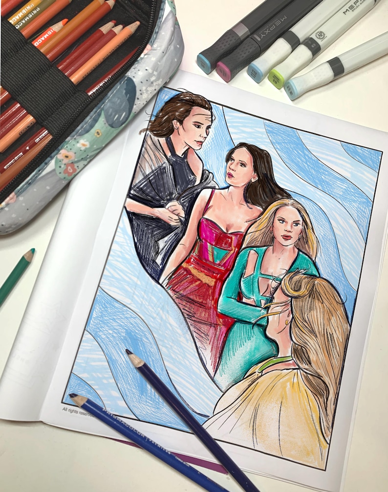 May include: A partially colored adult coloring book page featuring four women in dresses. A pencil case with colored pencils and several markers are in the background. Two blue pencils and one green pencil are in the foreground.