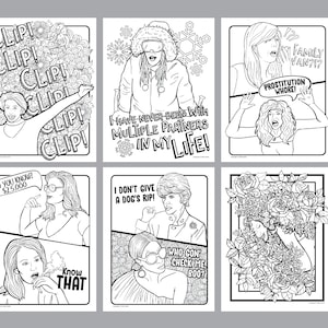 May include: Six black and white line art illustrations, each within a black border. The images depict figures with speech bubbles. Phrases include "CLIP!", "FAMILY VAN?!", and "I DON'T GIVE A DOG'S RIP!" in a comic book style.