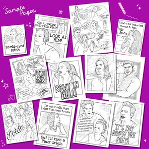 May include: A collection of black and white coloring pages with various illustrations and text. The pages feature images of people with speech bubbles containing phrases like "Bambi-eyed Bitch" and "Rawt in Hell!" The pages are arranged on a purple background.