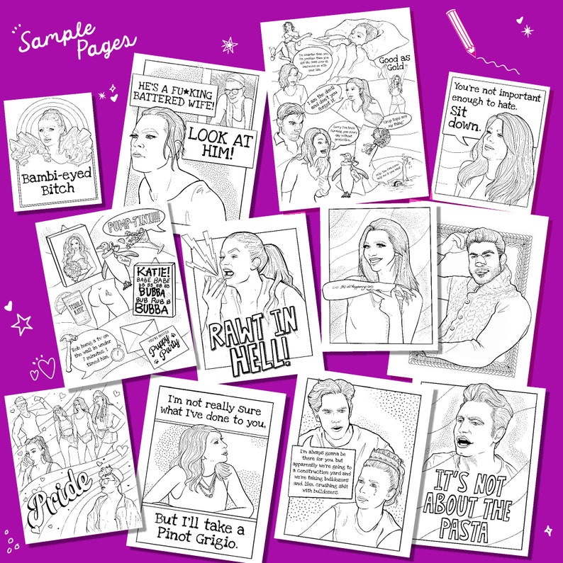 May include: A collection of black and white coloring pages with various illustrations and text. The pages feature images of people with speech bubbles containing phrases like "Bambi-eyed Bitch" and "Rawt in Hell!" The pages are arranged on a purple background.