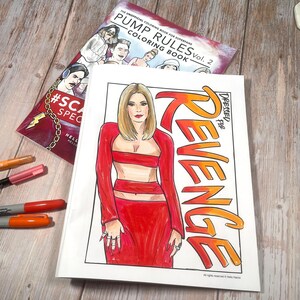 May include: A coloring book page featuring a woman in a red outfit with the text "DRESSED for REVENGE" in a yellow and orange gradient.