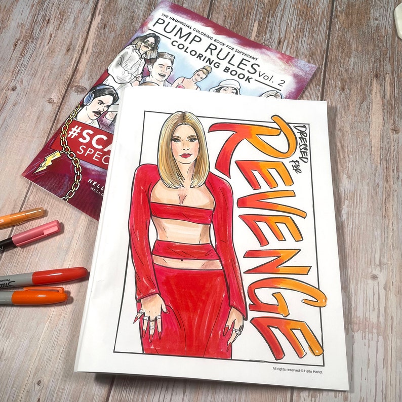 May include: A coloring book page featuring a woman in a red outfit with the text "DRESSED for REVENGE" in a yellow and orange gradient.
