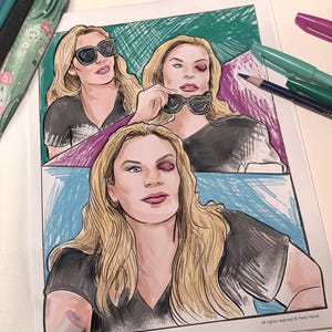 May include: A hand-drawn illustration of a woman with blonde hair and a black shirt, in three panels. The woman is wearing sunglasses in the top left panel. The top right panel shows the woman holding sunglasses. The bottom panel shows the woman with one eye closed.