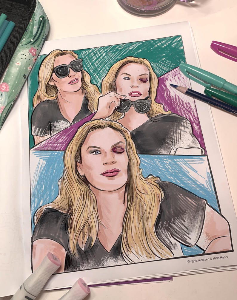 May include: A hand-drawn illustration of a woman with blonde hair and a black shirt, in three panels. The woman is wearing sunglasses in the top left panel. The top right panel shows the woman holding sunglasses. The bottom panel shows the woman with one eye closed.