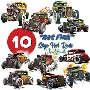 May include: Ten colorful cartoon illustrations of Rat Fink style hot rods. Each hot rod is a different color and has unique details. The illustrations are in a cartoon style and are perfect for use in digital projects.