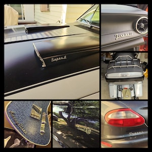 May include: A collage of images featuring various vehicles with custom paint jobs and emblems. The images include a black car with a "Super 6" emblem, a black car with a "Fireball" emblem, a motorcycle with a chrome luggage rack, a black car with a "Convertible 5.0" emblem, and a black car with a "Jaguar" emblem.