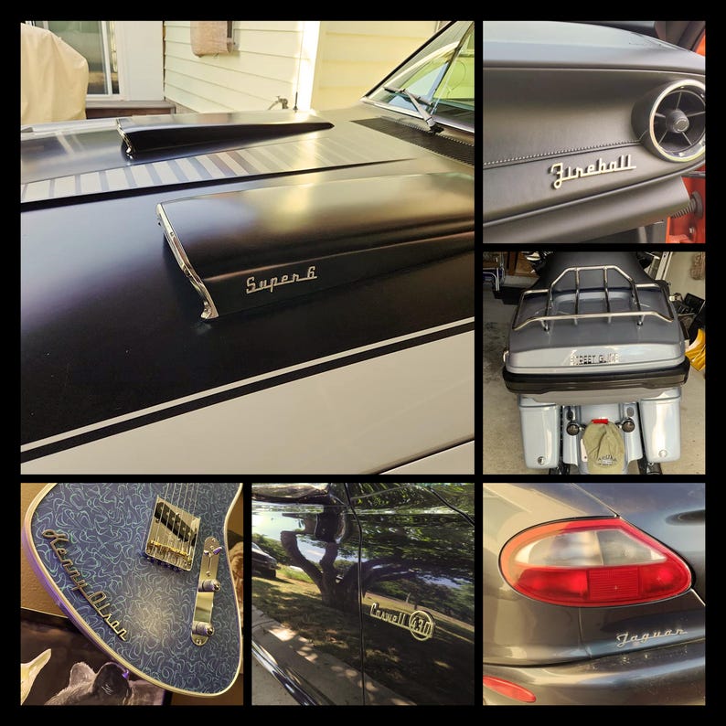 May include: A collage of images featuring various vehicles with custom paint jobs and emblems. The images include a black car with a "Super 6" emblem, a black car with a "Fireball" emblem, a motorcycle with a chrome luggage rack, a black car with a "Convertible 5.0" emblem, and a black car with a "Jaguar" emblem.