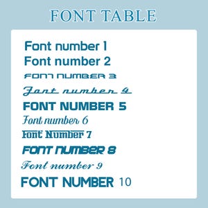 May include: A blue and white font table showing ten different font styles. The text on the table reads "FONT TABLE", "Font number 1", "Font number 2", "FONT NUMBER 3", "Font number 4", "FONT NUMBER 5", "Font number 6", "Font Number 7", "FONT NUMBER 8", "Font number 9", and "FONT NUMBER 10".