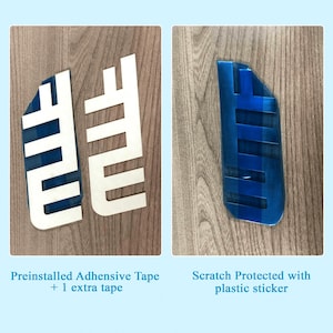 May include: Two white plastic pieces with a blue adhesive backing. The pieces are shaped like a comb with a rounded top. The text "Preinstalled Adhesive Tape + 1 extra tape" is below the image. The right image shows a blue plastic piece with a rounded top. The text "Scratch Protected with plastic sticker" is below the image.