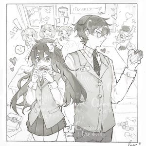 Op de afbeelding: Zwart-wit anime-stijl illustratie die Valentijnsdag uitbeeldt. Een meisje eet terwijl een jongen een hartvormig cadeau vasthoudt. De achtergrond bevat harten, stripfiguren en Japanse tekst.