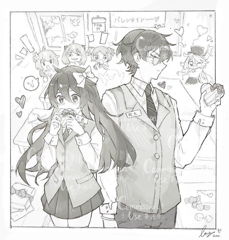 Op de afbeelding: Zwart-wit anime-stijl illustratie die Valentijnsdag uitbeeldt. Een meisje eet terwijl een jongen een hartvormig cadeau vasthoudt. De achtergrond bevat harten, stripfiguren en Japanse tekst.