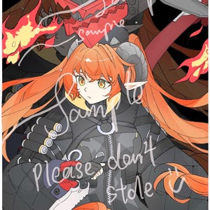 Op de afbeelding: Illustratie van een personage uit Zenless Zone Zero, met oranje haar, hoorns en een zwarte outfit. De afbeelding bevat een rood en grijs mechanisch element en de tekst "Sample" en "Please don't steal it."