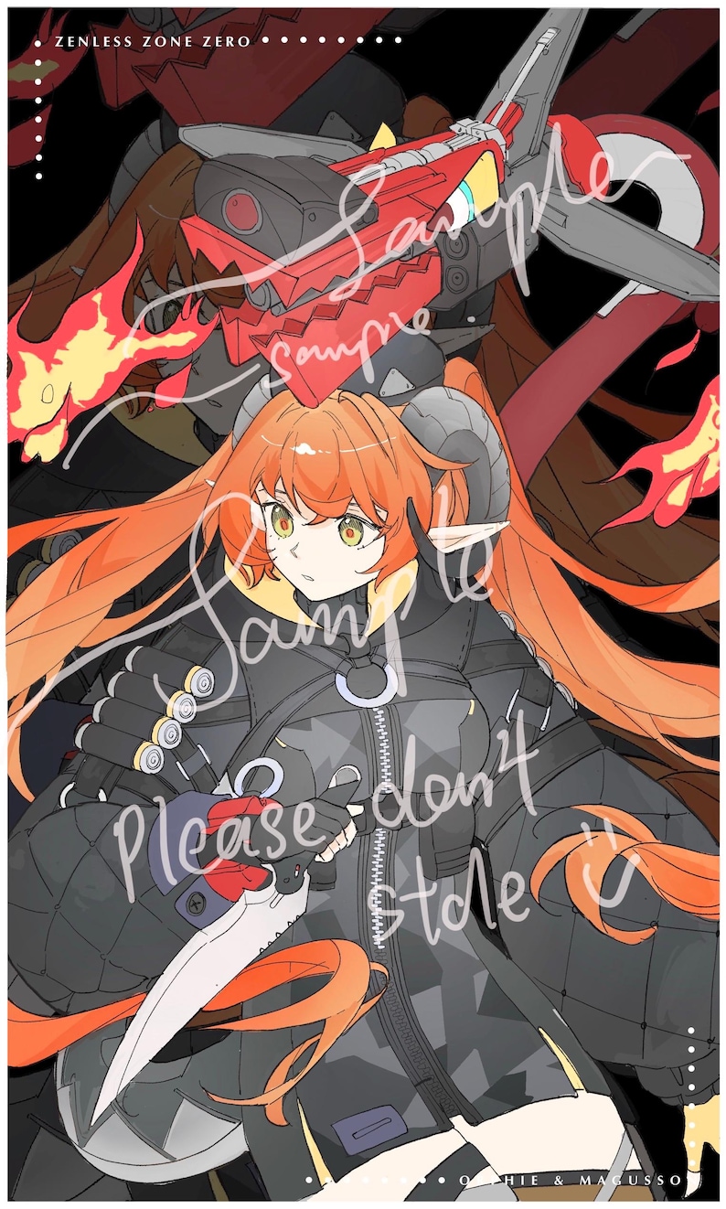 Op de afbeelding: Illustratie van een personage uit Zenless Zone Zero, met oranje haar, hoorns en een zwarte outfit. De afbeelding bevat een rood en grijs mechanisch element en de tekst "Sample" en "Please don't steal it."