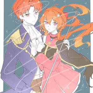 Op de afbeelding: Illustratie van twee personages in een romantische pose. De mannelijke figuur draagt een paarse jas met gouden accenten en een wit gerimpeld overhemd. De vrouwelijke figuur draagt een roze jurk en heeft oranje haar. Een zwaard wordt in de hand van de man gehouden.
