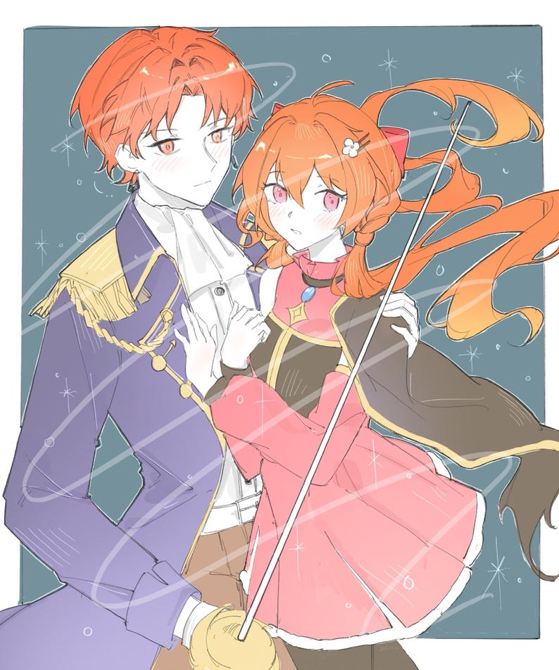 Op de afbeelding: Illustratie van twee personages in een romantische pose. De mannelijke figuur draagt een paarse jas met gouden accenten en een wit gerimpeld overhemd. De vrouwelijke figuur draagt een roze jurk en heeft oranje haar. Een zwaard wordt in de hand van de man gehouden.