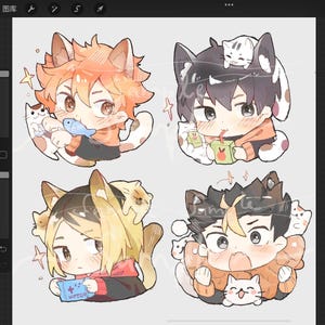 May include: Four cartoon illustrations of characters with cat ears and tails. Each character is wearing an orange sweater and black shorts. One holds a fish, another drinks from a juice box, another holds a game console, and the last one is smiling.