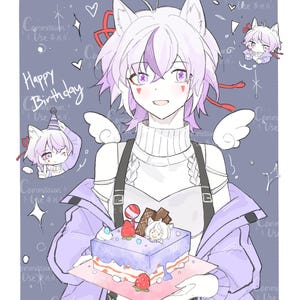 Op de afbeelding: Anime-stijl illustratie van een personage met paars haar en kattenoren die een verjaardagstaart vasthoudt. De taart is versierd met aardbeien en een klein karakterfiguur. De tekst "Happy Birthday" staat op de afbeelding.