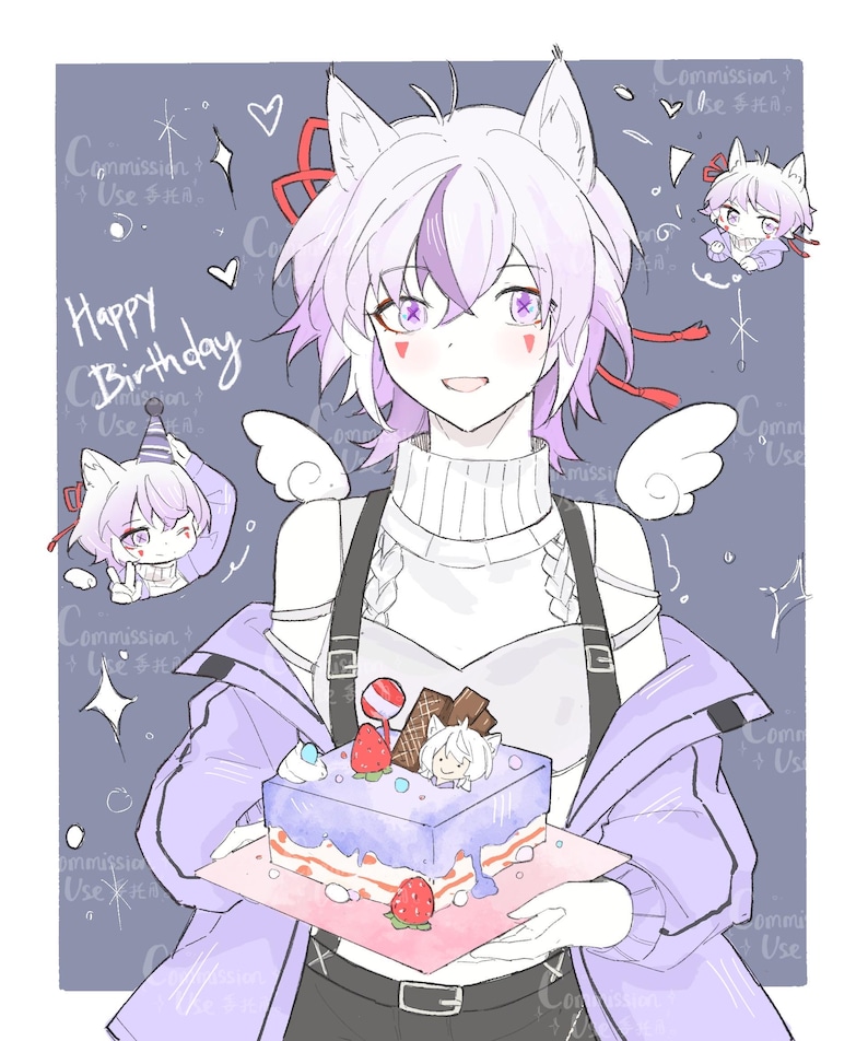 Op de afbeelding: Anime-stijl illustratie van een personage met paars haar en kattenoren die een verjaardagstaart vasthoudt. De taart is versierd met aardbeien en een klein karakterfiguur. De tekst "Happy Birthday" staat op de afbeelding.