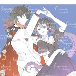Op de afbeelding: Illustratie van twee anime-achtige personages, een man en een vrouw, in een romantische pose. De man draagt een wit pak met een cape met bloemenpatroon. De vrouw draagt een zwarte jurk. De achtergrond is blauw met tekst die "Commission + Use 委托" zegt.