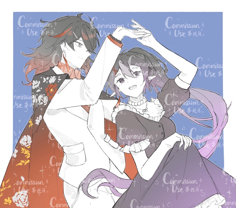 Op de afbeelding: Illustratie van twee anime-achtige personages, een man en een vrouw, in een romantische pose. De man draagt een wit pak met een cape met bloemenpatroon. De vrouw draagt een zwarte jurk. De achtergrond is blauw met tekst die "Commission + Use 委托" zegt.