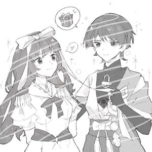 Op de afbeelding: Zwart-wit anime-stijl illustratie van twee personages. E&eacute;n draagt een witte jurk met een strik, de ander een donkere outfit. Een denkbel toont een cadeau. Er is ook een hartsymbool.