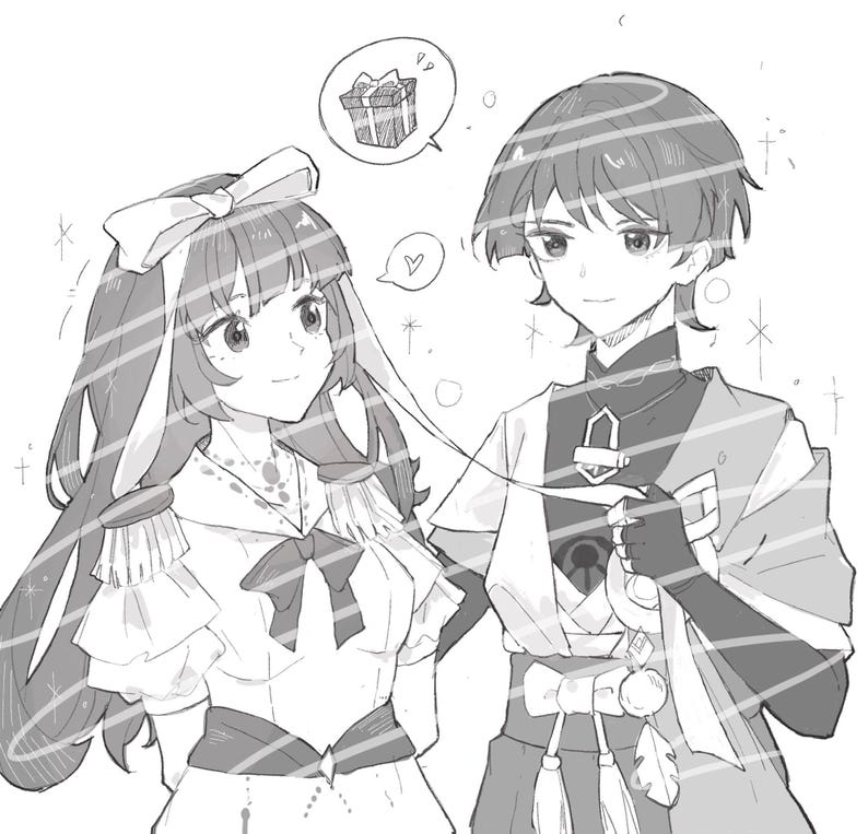 Op de afbeelding: Zwart-wit anime-stijl illustratie van twee personages. E&eacute;n draagt een witte jurk met een strik, de ander een donkere outfit. Een denkbel toont een cadeau. Er is ook een hartsymbool.