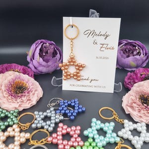Bomboniere per matrimonio in oro, portachiavi con perle dorate, portachiavi con perle, biglietti di ringraziamento, bomboniere per eventi e celebrazioni, regali per matrimonio