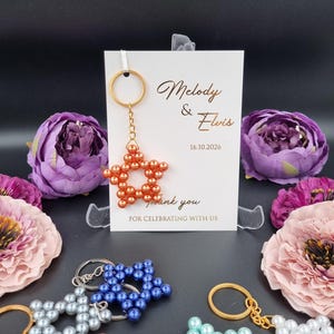 Bomboniere arancioni bruciate, portachiavi con perle arancioni bruciate, portachiavi con perle, biglietti di ringraziamento, bomboniere per eventi e celebrazioni, regali di nozze