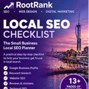May include: A purple-themed digital marketing guide titled RootRank Local SEO Checklist. The cover features a city skyline at dusk, text detailing SEO services, a list of checklist items, and a circular badge stating 13+ pages of checklists, trackers, and planners.