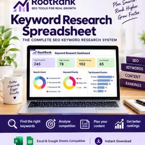 May include: A laptop displaying a RootRank Keyword Research Dashboard with data charts, surrounded by a mug with text, a stack of books labeled SEO, Keywords, Content, Rankings, and a notebook. Text includes Plan Smarter, Rank Higher, Grow Faster.