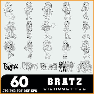 Puede incluir: Dibujo lineal en blanco y negro de 60 siluetas de Bratz en varias poses. Se muestra el logotipo de Bratz, junto con el texto "60 BRATZ SILHOUETTES" y las opciones de tipo de archivo: JPG, PNG, PDF, DXF, EPS.