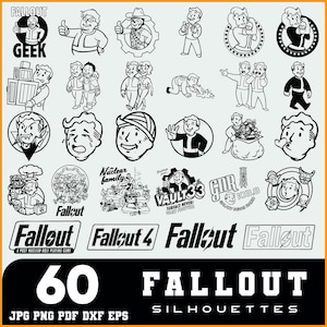 May include: A collection of 60 Fallout silhouettes in black and white. The image includes various character illustrations, logos, and the Fallout game title. File formats include JPG, PNG, PDF, and EPS.