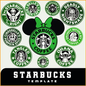 May include: A collection of green and white Starbucks-themed logo designs featuring Disney characters. The logos include characters like Tinkerbell, Belle, Maleficent, and Stitch. The text "STARBUCKS TEMPLATE" is at the bottom.